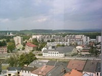 Pohled z věže zámku Muzea Komenského na mlýn "Černá hora" (2004)