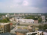 Pohled z věže zámku Muzea Komenského na Sokolovnu (2004)