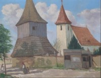 Obraz kostela sv. Štěpána v popředí s dřevěnou zvonicí - olej, plátno, cca 40. léta 20. století