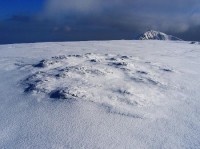 Pohled na Sněžku ze Studniční hory: Vrchol Studniční hory v zimním sevření, v dálce je Sněžka