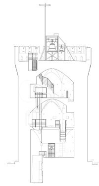 nákres průřezu věže i s patry