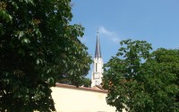pohľad na vežu kostola zo záhrad