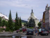 Město Albrechtice-náměstí ČSA s barokním morovým sloupem se sochou sv.Anny-Foto:Ulrych Mir.