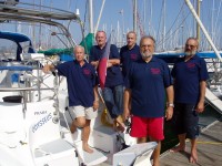 posádka před odplutim z Las Palmas: zleva Milos Krenek, Milos Kotlarik, Borek Zalesak, Martin Lajtos a Lubos Blazek