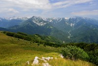 Slovinsko - Julské Alpy: pohled z Kobilje glavy na hlavní hřeben Bohinjských hor (Vogel)