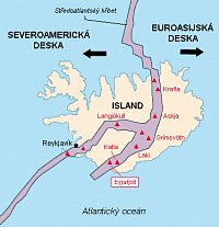 Island: zlom litosférických desek procházející Islandem (zdroj: wikipedie)