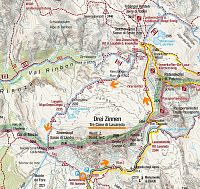 Itálie - Dolomity: Tre Cime di Lavaredo / Drei Zinnen - mapa okruhu (zdroj: Kompass mapy)