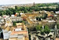 Sevilla z věže Giralda, Plaza del Triunfo a Alcázar, vadu Plaza de España