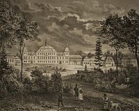 Zámek v Sadové na litografii Adolpha Friedricha Kunikeho z období let 1792-1838 Zaniklý zámek v Sadové