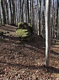 pás skalek a balvanů se táhne až ke spodní lesní cestě