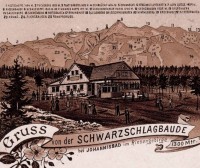Historická kreslená pohlednice Černé boudy s popisem
