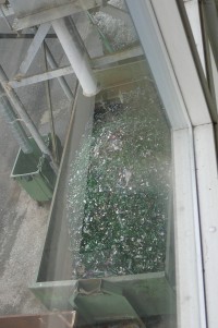venku je spousta skla - zřejmě z lahví rozbitých před plněním