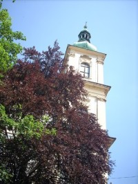 Levá věž kostela směrem k zámecké zahradě