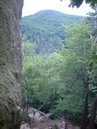 Pohled z Břestecké skalky na kopec, na kterém stojí kaple sv. Barbory
