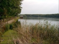 Litovický rybník - pohled od Hostivic: Litovický rybník - pohled od Hostivic; vlevo naučná stezka