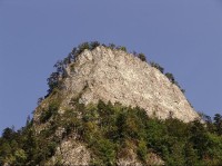 Sokolica: Skalná stena padá skoro kolmo 300 m k hladine Dunajca.Uprostred vrcholu výhliadkova terasa