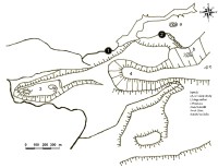 vlevo vrch Gobes, point 1 - Přemilovice, point 2 - lokalita s raně středověkými nálezy, tečkovaně koncentrace fajalitické strusky