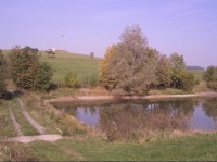 Hráz, nahoře nad rybníkem je silnice z Palačova do Janovic