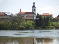 Říčany: Mlýnský rybník, v pozadí kostel sv. Petra a Pavla.