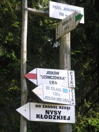 Rozcestník na polské straně. Směr na Trójmorski Wierch není vyznačen, přestože na vrcholu polské značky jsou.