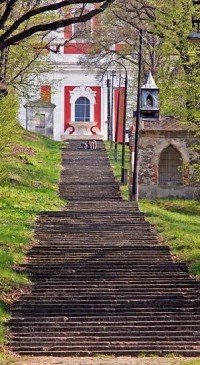 Schody k poutnímu kostelu na Cvilíně: 222 schodů vedoucích k poutnímu kostelu na Cvilíně.