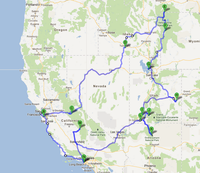 trasa za hlavními místy, B-San Francisco, C-Yosemith, D-Twince Falls, E-Yellowstone, F-Grand Teton, G-Salt Lake, H-Arches, I-Cedar, J-Bryce Canyon, K-Grand Canyon, L-Zion, M-Sequoia, N-LA