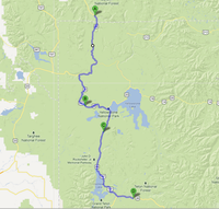 13. den 131 mil, B-odbočka Shoshone Lake, C-Lewis Fall, D-Moran