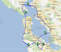 3. den - 141 mil, B-vyhlídka na SF, C-Half Moon Bay, D-Horseshoe Bay, E-San Rafael Bridge, F-San Mateo Bridge, G-Redwood City