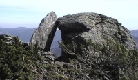 Skalní útvar Kamenné okno: Útvar se nachází na severním svahu červené hory a má výšku asi 3m