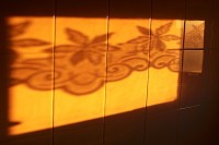 Sluneční obraz záclonky na kachličkách toalety 