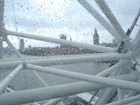 London Eye - pohled k Parlamentu přes dešťové kapky
