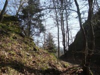 Hrad Puchart-Dolní hrad-příkop oddělující Dolní hrad od skalní šíje-Foto:Ulrych Mir.