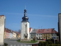 Potštát-hodinová věž s morovým sloupem-Foto:Ulrych Mir.