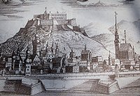 Historická rytina hradu Špilbeku z roku 1700 (převzato z informační tabule)