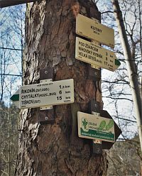 Turistické rozcestí na zelené značce, kdy jedním směrem vede značená trasa do Velké Bíteše a druhým pak do Tišnova