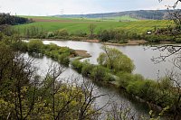 V popředí vzdutá hladina řeky Svratky, za hrází pak vodní tůň