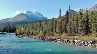 Ráno u Bow River v Lake Louise.