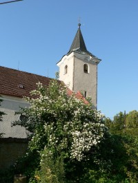 Zdebořice, kvetoucí pustoryl a věž kostela