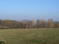 Pohled k SV z louky nad Dubovkou, v pozadí Džbán