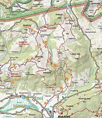 Rakousko - Kaiserwinkl: mapa trasy Walchsee - Lochnerský vodopád - Wandberg - Brennkopf - Schwemm (zdroj: Kompass mapy)