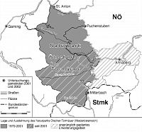 Rakousko - Ybbstallské Alpy: mapka hranic Přírodního parku Ötscher-Tormäuer