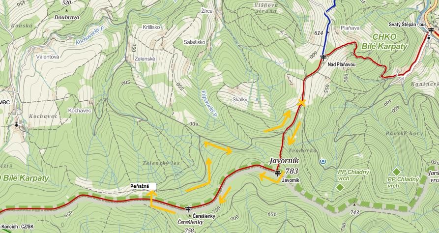 Bílé Karpaty: mapa trasy Javorník