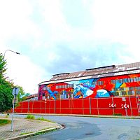 Mural Bílý kůň na průmyslové hale v Ostravě-Vítkovicích