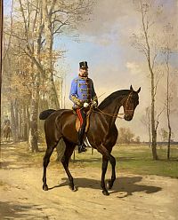 Zidealizovaný jezdecký portrét Františka Josefa I, velkého milovníka uniforem