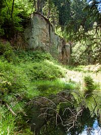 Zatopený lom na kraji lesa u neznačené cesty