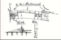 Půdorys a řez původního dřevěného lomeného jezu, skicu nakreslil stavební adjunkt Roubal v roce 1880