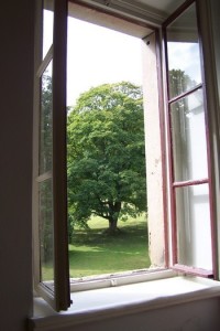 Pohled oknem z chodby zámku do parku