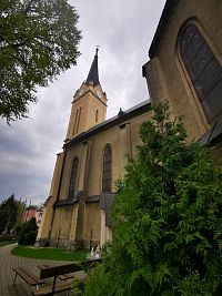 časť kostola a zeleň okolo kostola