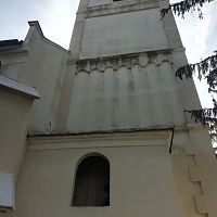 detail prefasádovenej veže z 19.st., predtým bola kužeľovitá z prístavby v roku 1736