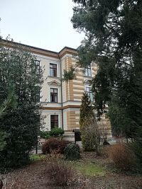 časť školy a dreviny pri škole